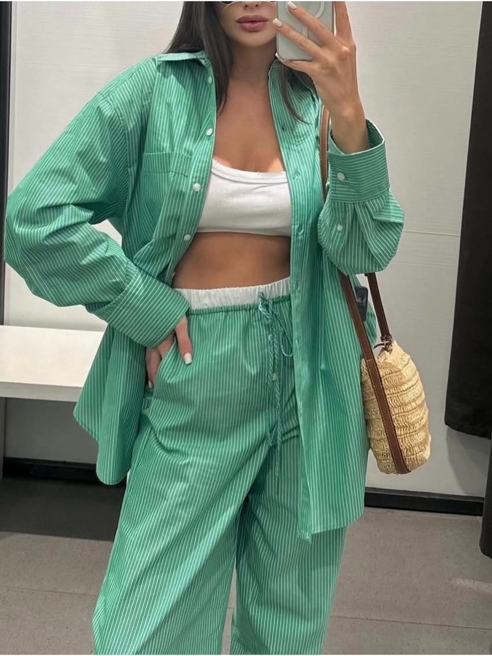 NWT ZARA Green Striped Cotton Set Shirt Pants Size M